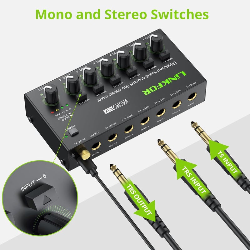 LiNKFOR 6 Channel Audio Mixer, Ultra-compact 6 Channel Bass Noise Line Stereo Audio Mixer for Small Clubs or Bars Microphones, Guitars, Bass, Keyboards and Stage Mixer - Image 3
